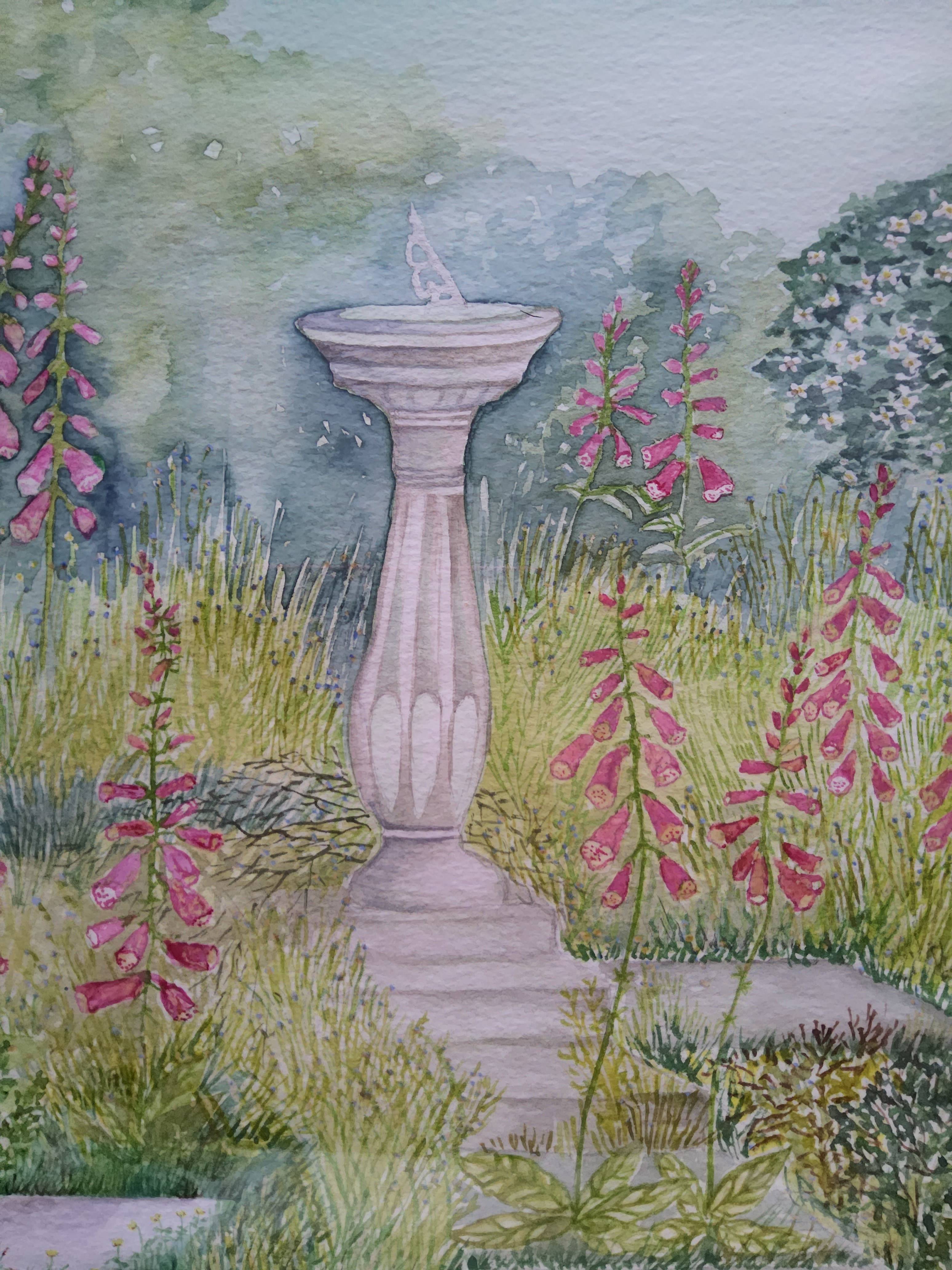 A drawing of a sundial and foxgloves in a garden.
