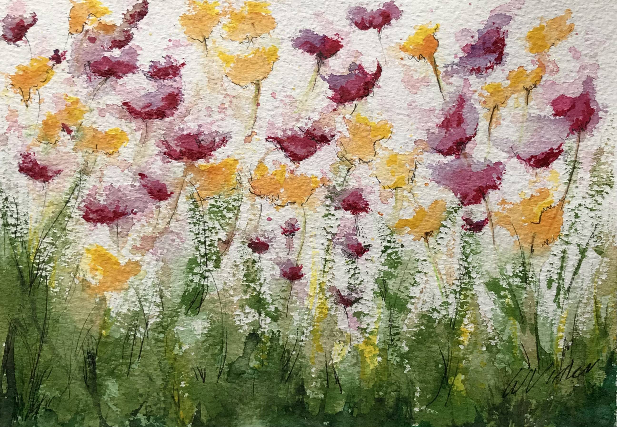 A painting of pink and yellow tulips waving in the wind.