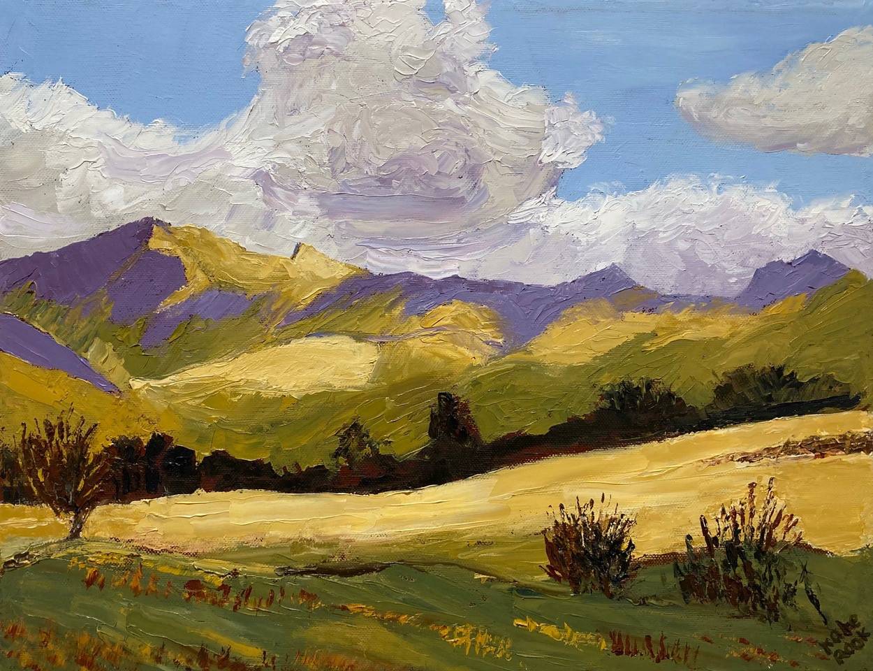 a painting of mountains with yellow and green fields.