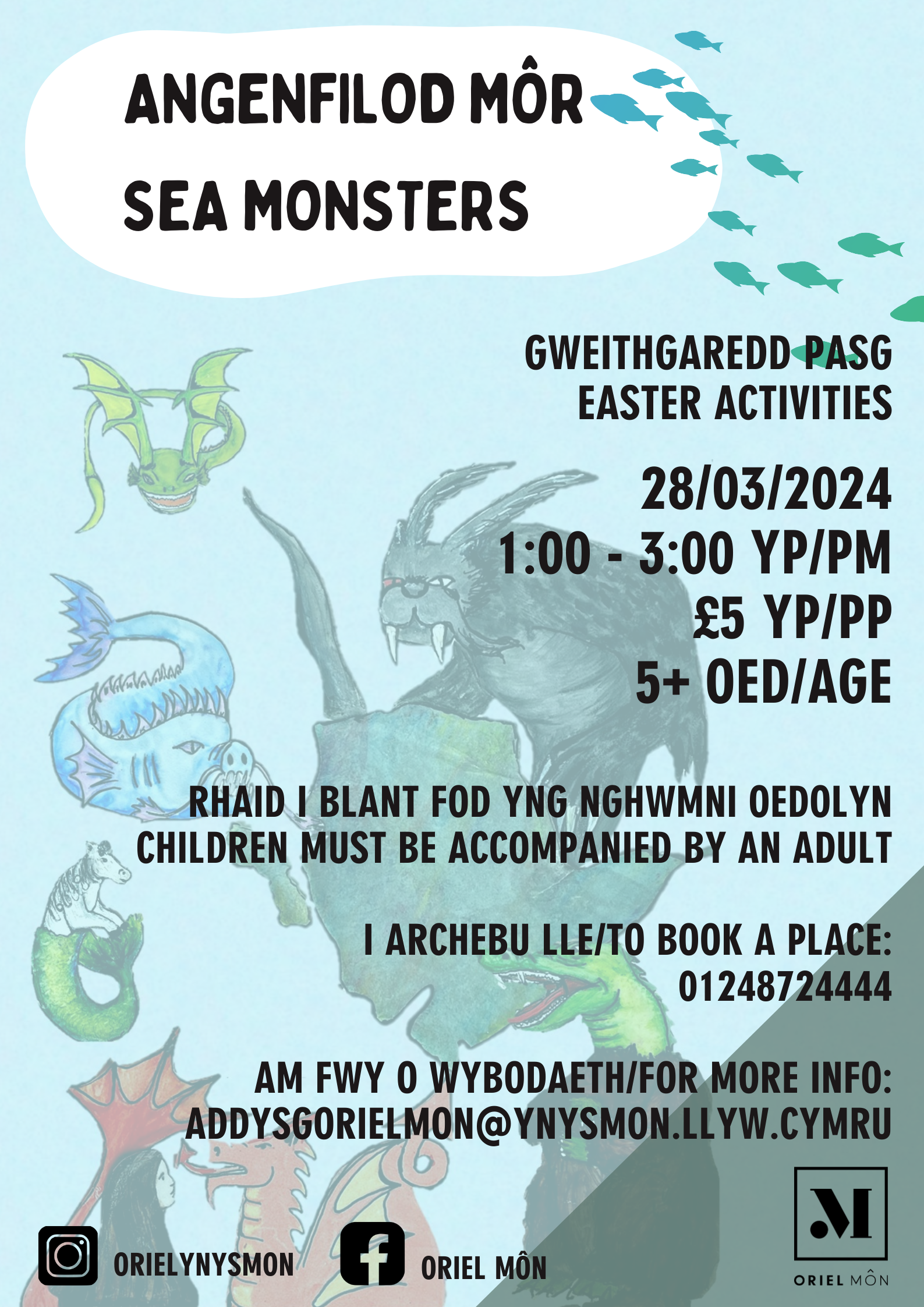 Sea Monsters workshop poster for children on the 28th March 1pm until 3pm