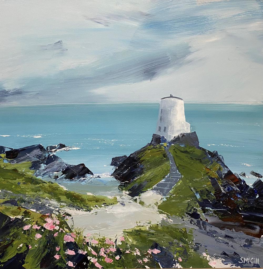 painting of Llanddwyn lighthouse with beautiful pink flowers surrounding and the sea in the background