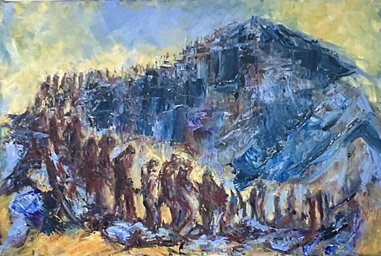 painting of a mountain with lots of people walking behind each other along the mountain path