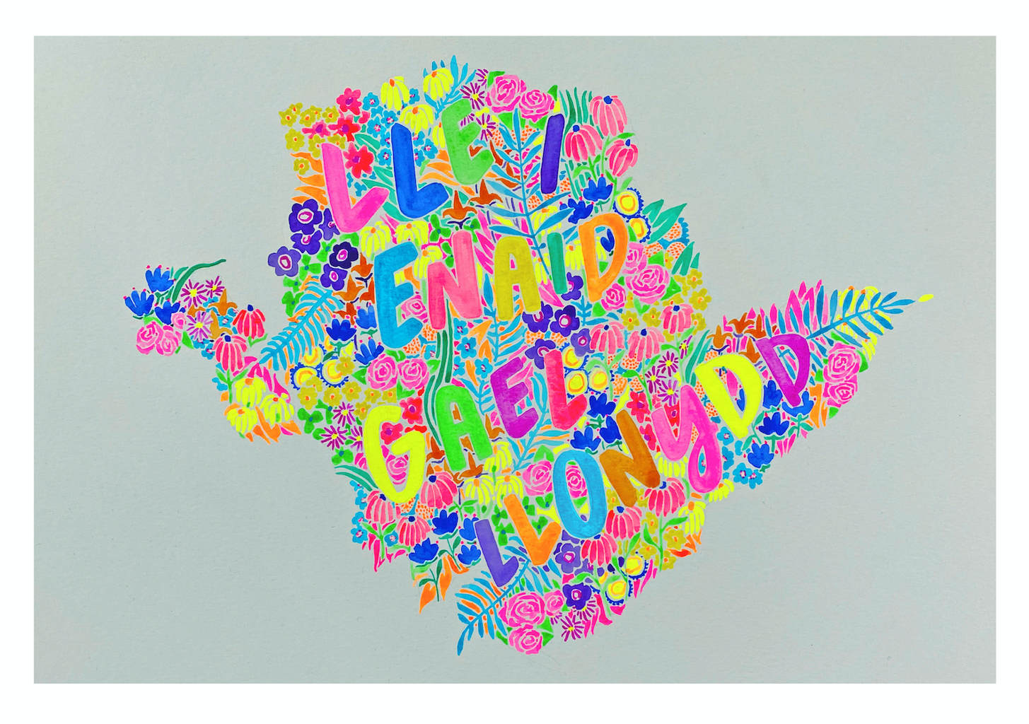 a map of Anglesey made of very bright flowers