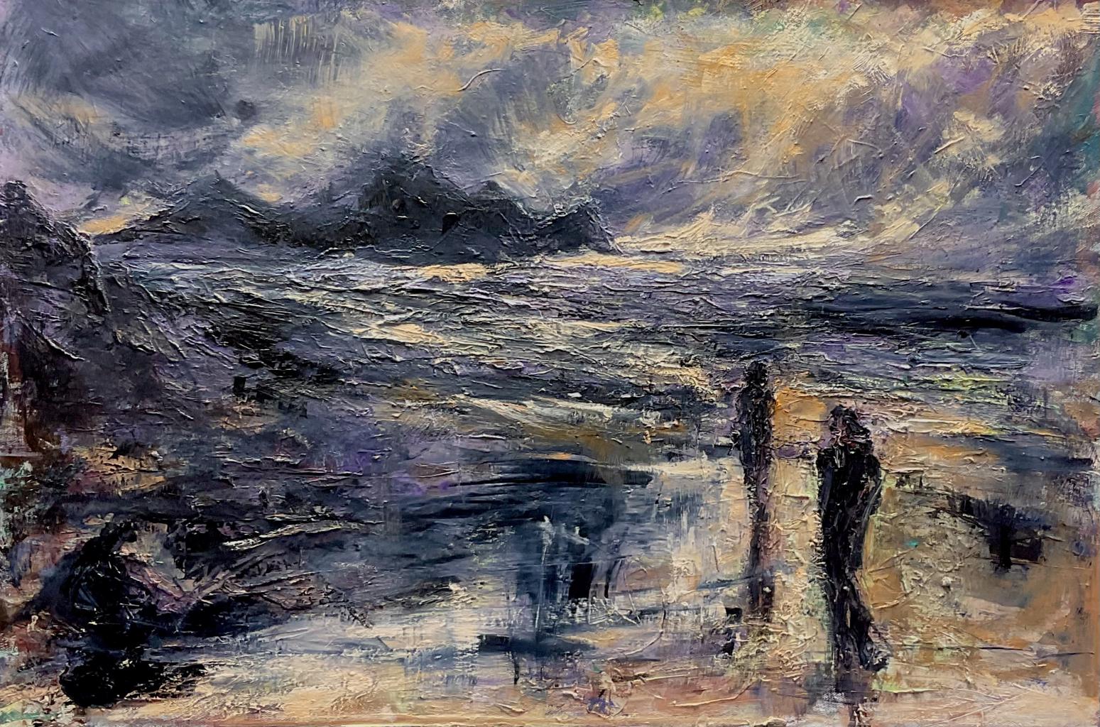 a painting of two people walking on a beach 