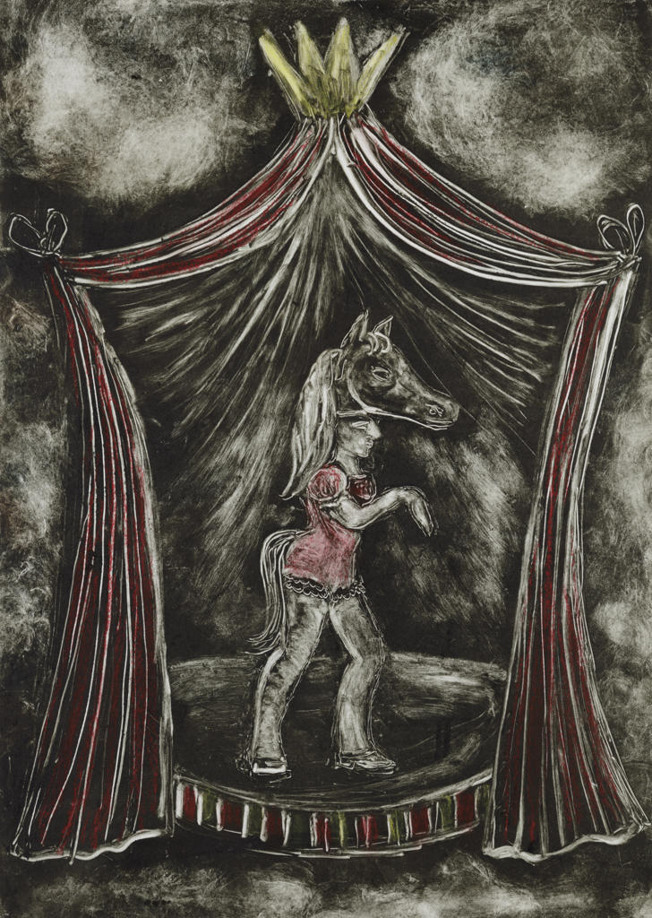 etching of a circus scene of a woman with a horse head 