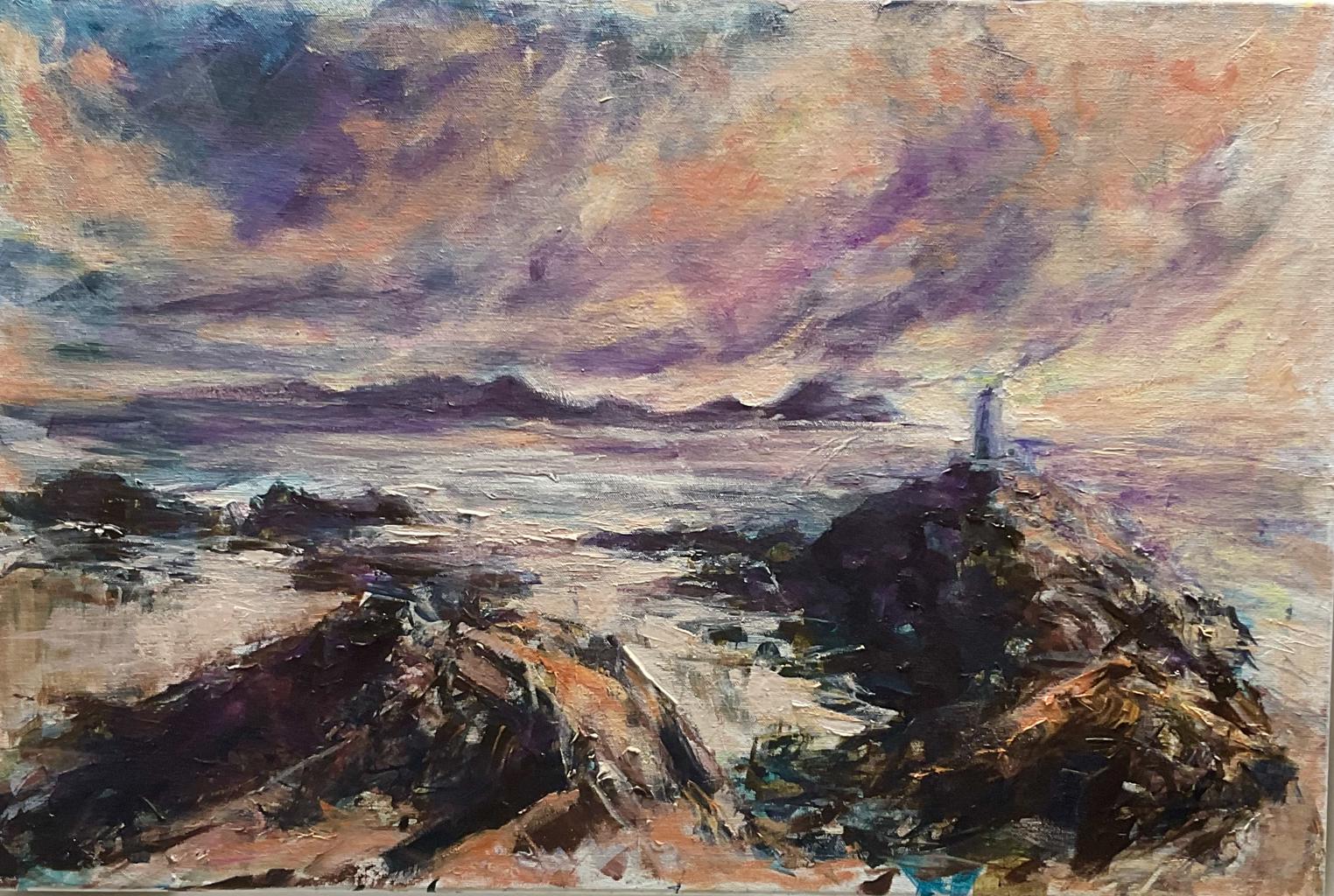 a painting of a Birdseye view of two cliffs with a lighthouse on top of one 