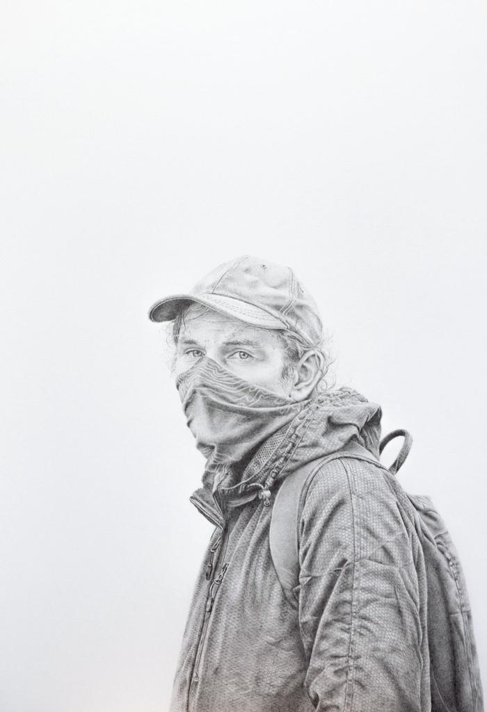 a pencil drawing of a male wearing a backpack and facemask
