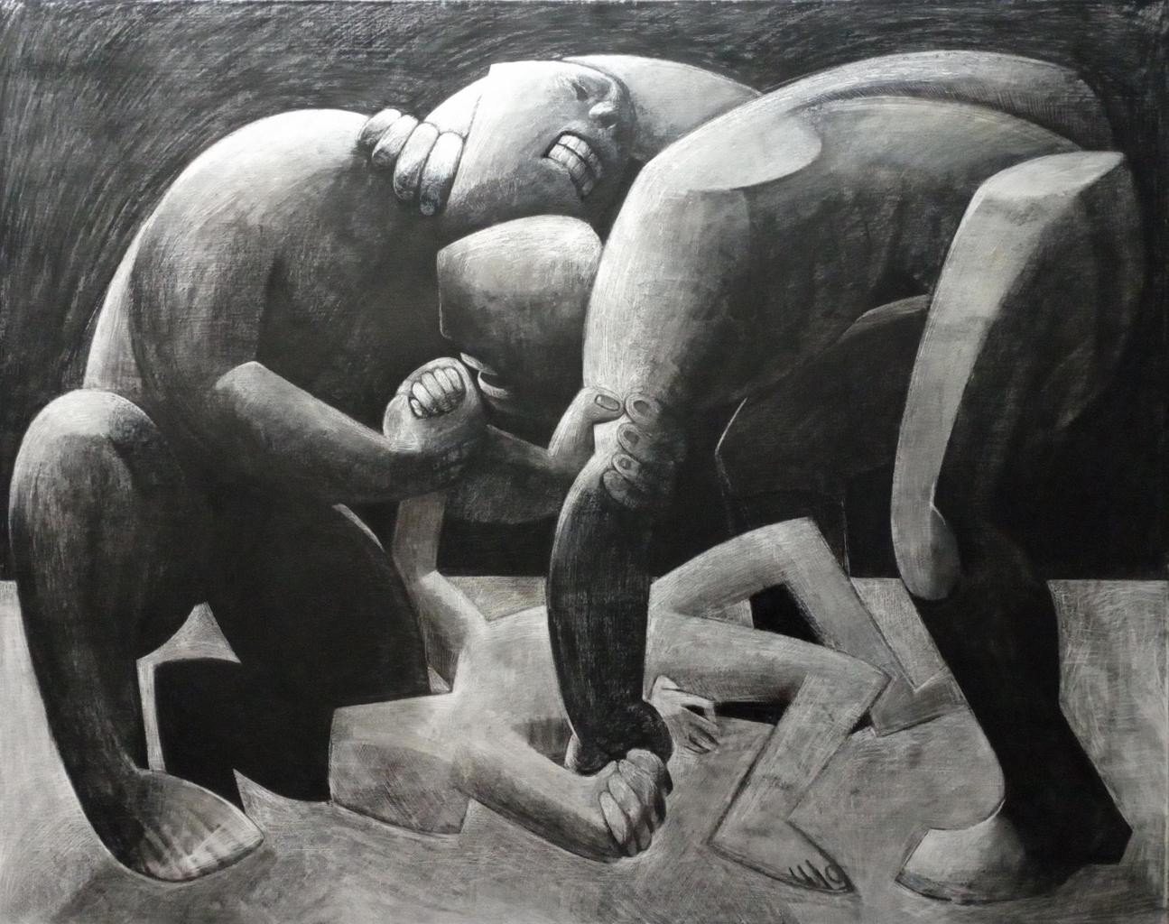 Charcoal, chalk and gesso drawing of abstract figures fighting and struggling to get up