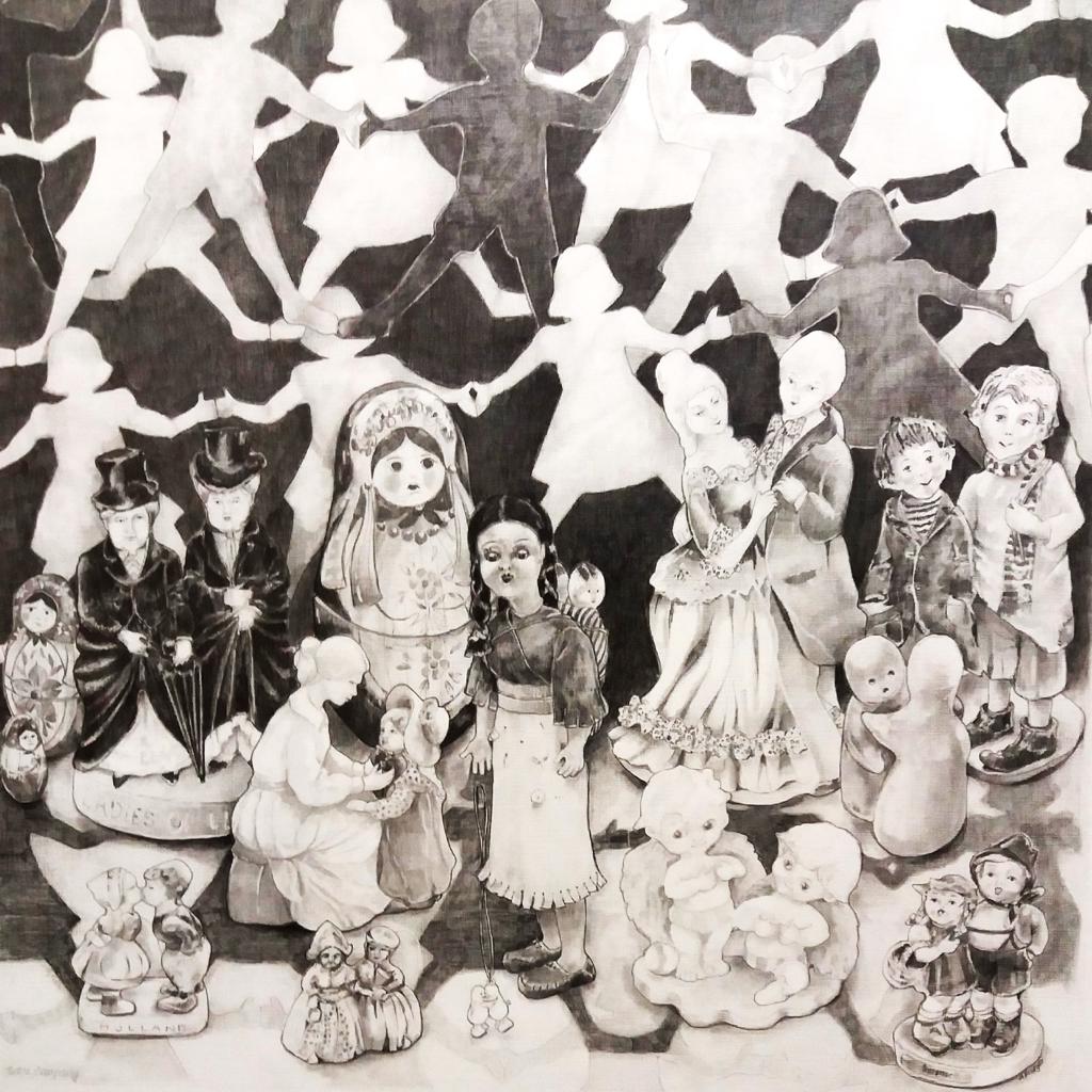 a drawing of figurines that, for better or worse are stuck together.  It includes a model of The Ladies of Llangollen 