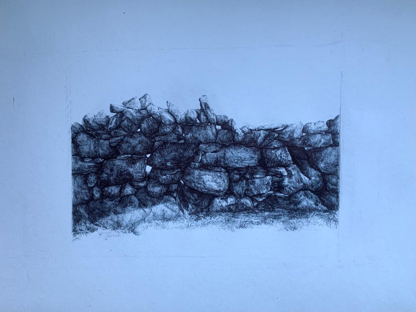 A biro drawing of a stone wall study