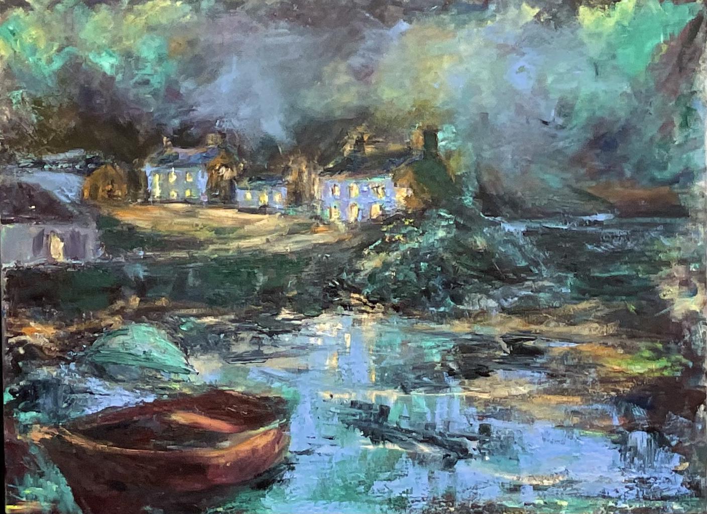 painting of a river with a a boat at the front with houses at the back with lights in the windows 