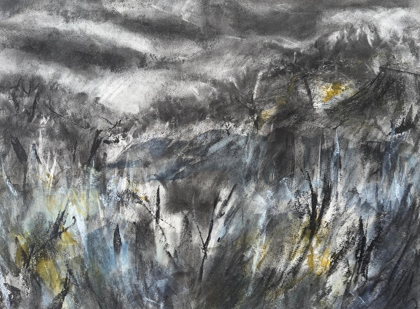 A mixed media drawing of black, yellow and blue harsh lines all over the page, a very dark drawing.