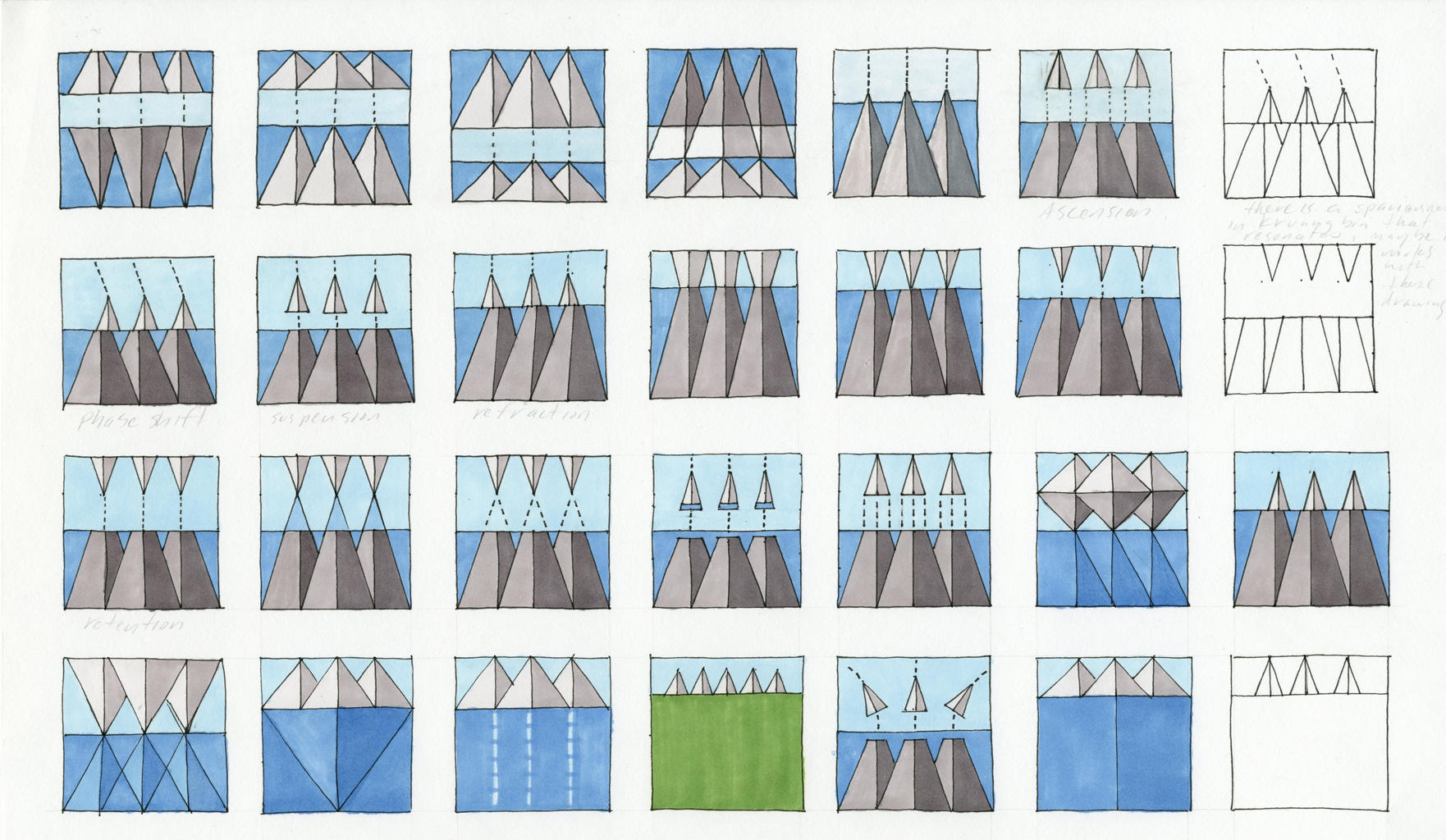 28 drawings of triangles in full, half, stretched nd symmetrical.