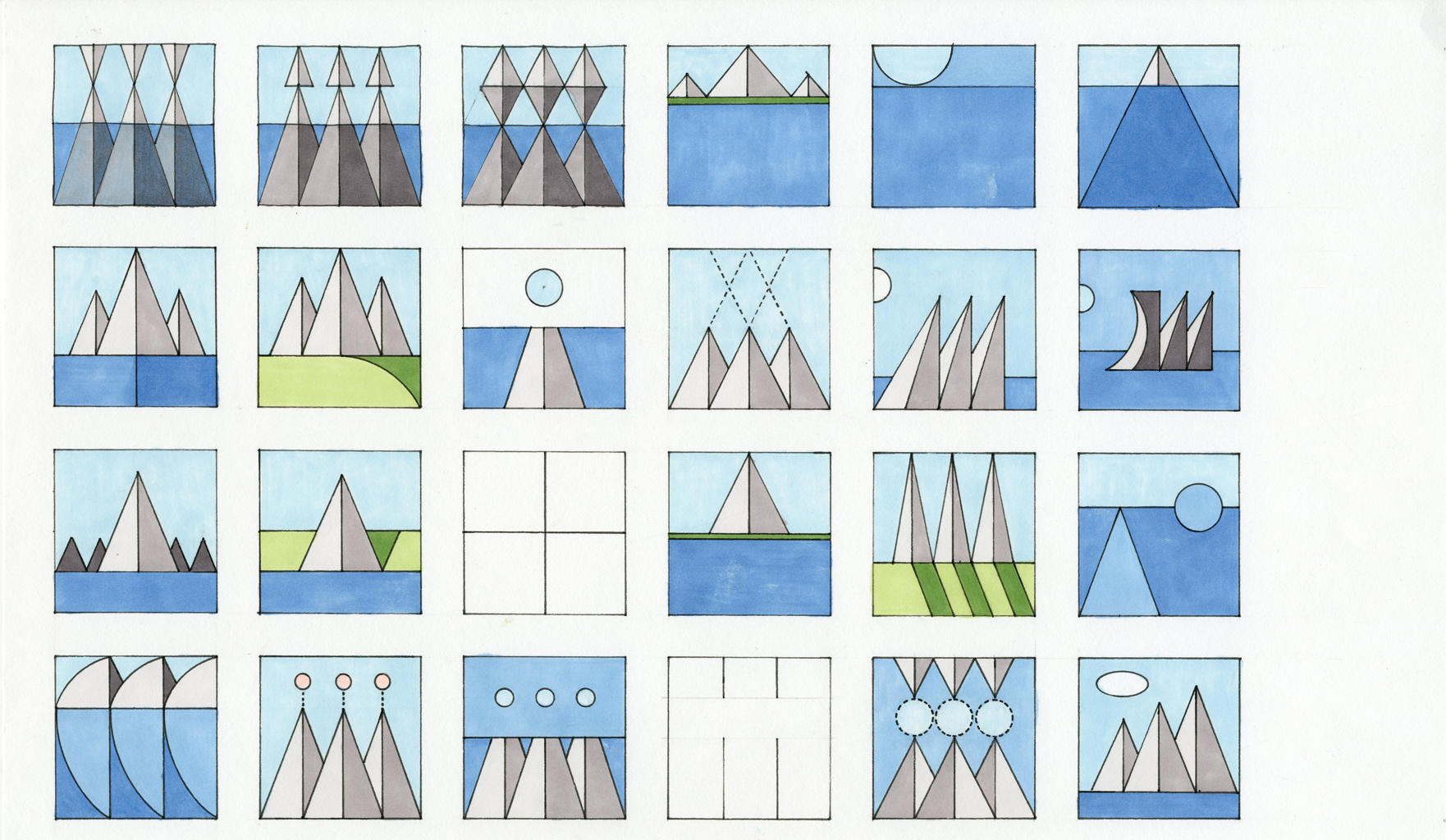 24 squares filled with triangle and circle shapes