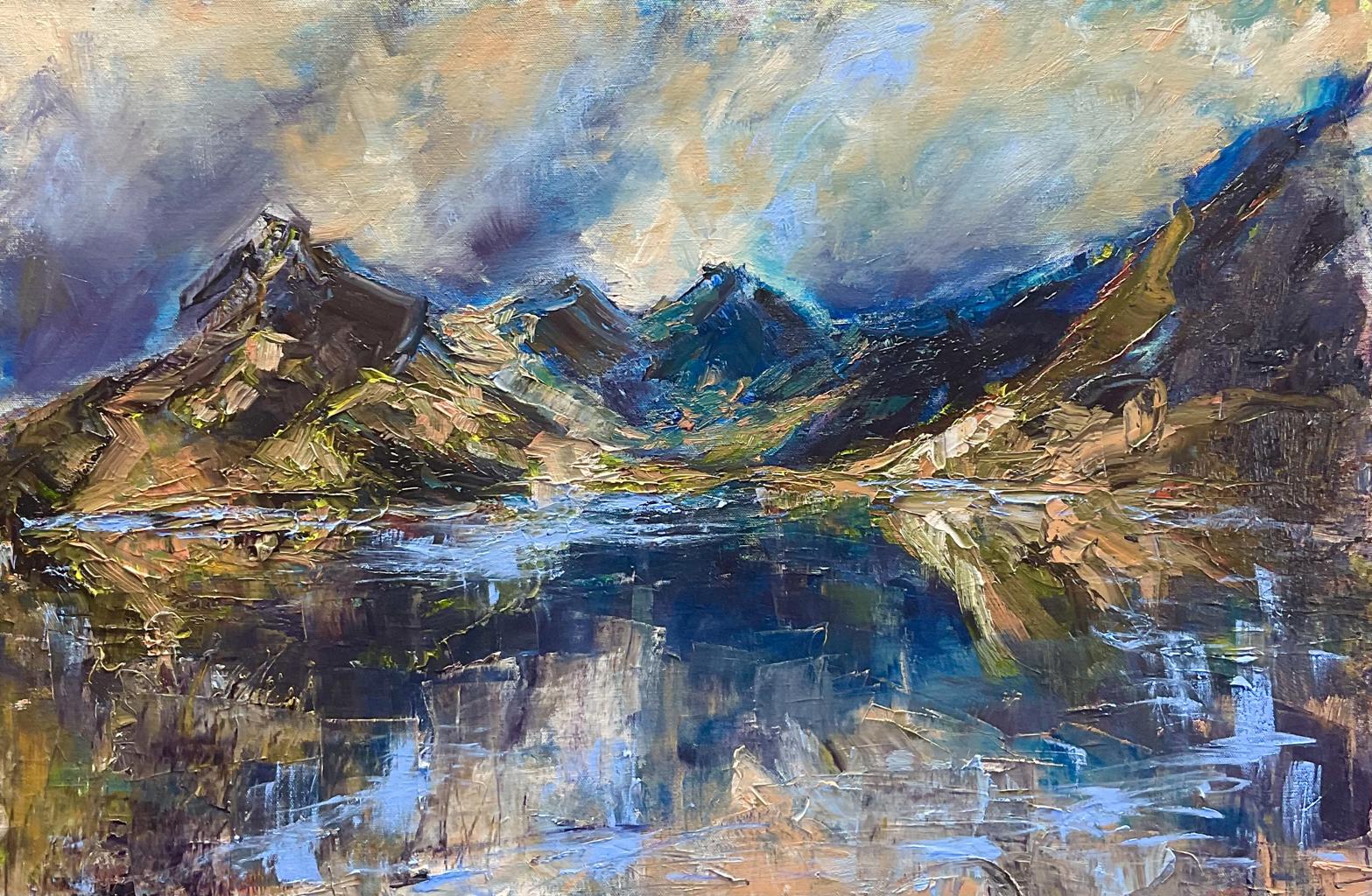 a painting of mountains with a large lake in the centre 