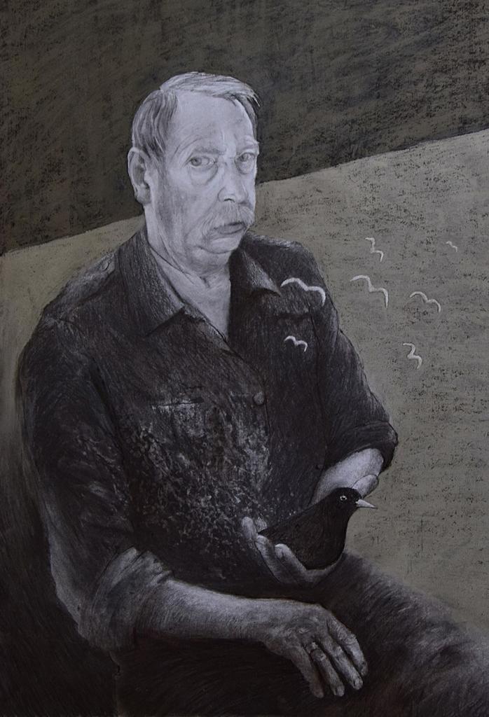 A graphite, charcoal, ink and chalk drawing of a man sitting holding a bird.