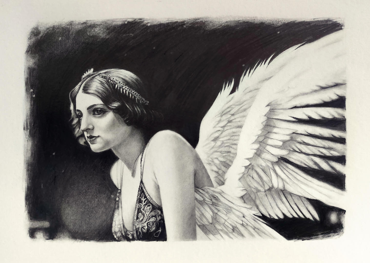 Using pencil on a paper a woman wearing wings and a beautiful head piece.