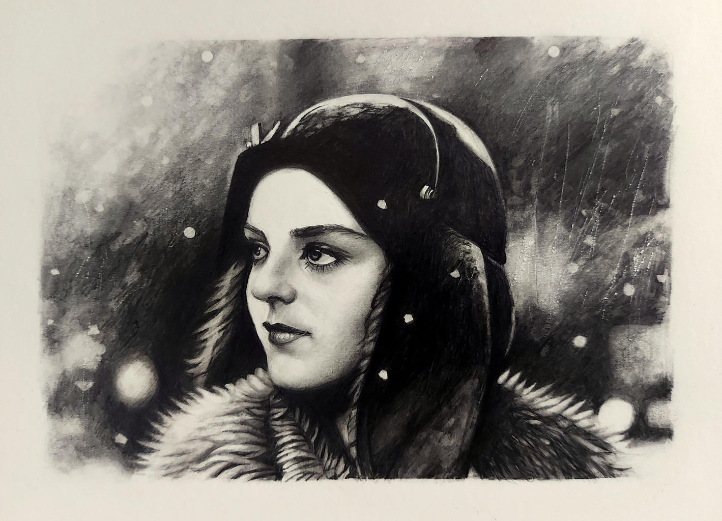 A pencil on paper drawing, close up of a woman wearing a aviator hat.