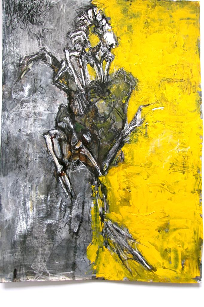 black and yellow abstract drawing of skeletal like hands