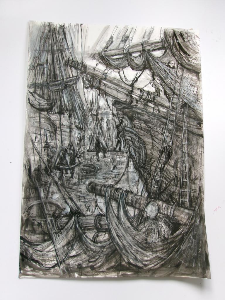 a black and white detailed drawing of different parts of a ship, sail hoists and ropes