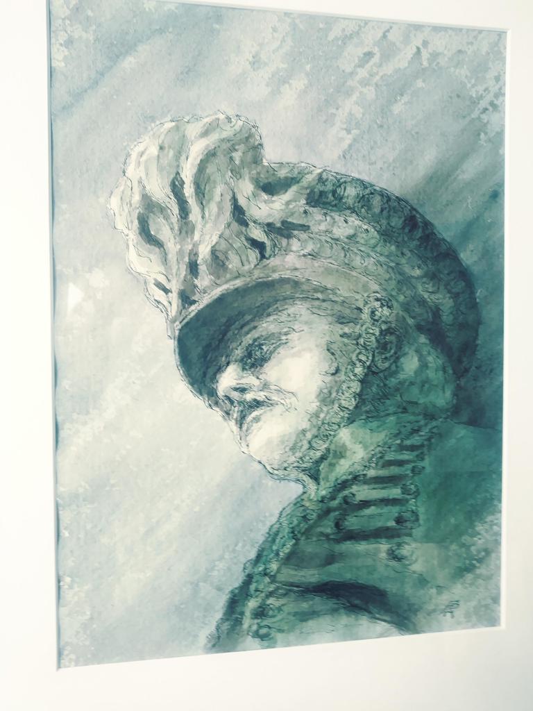 ink and watercolour drawing of the Marquis of Anglesey looking up at him