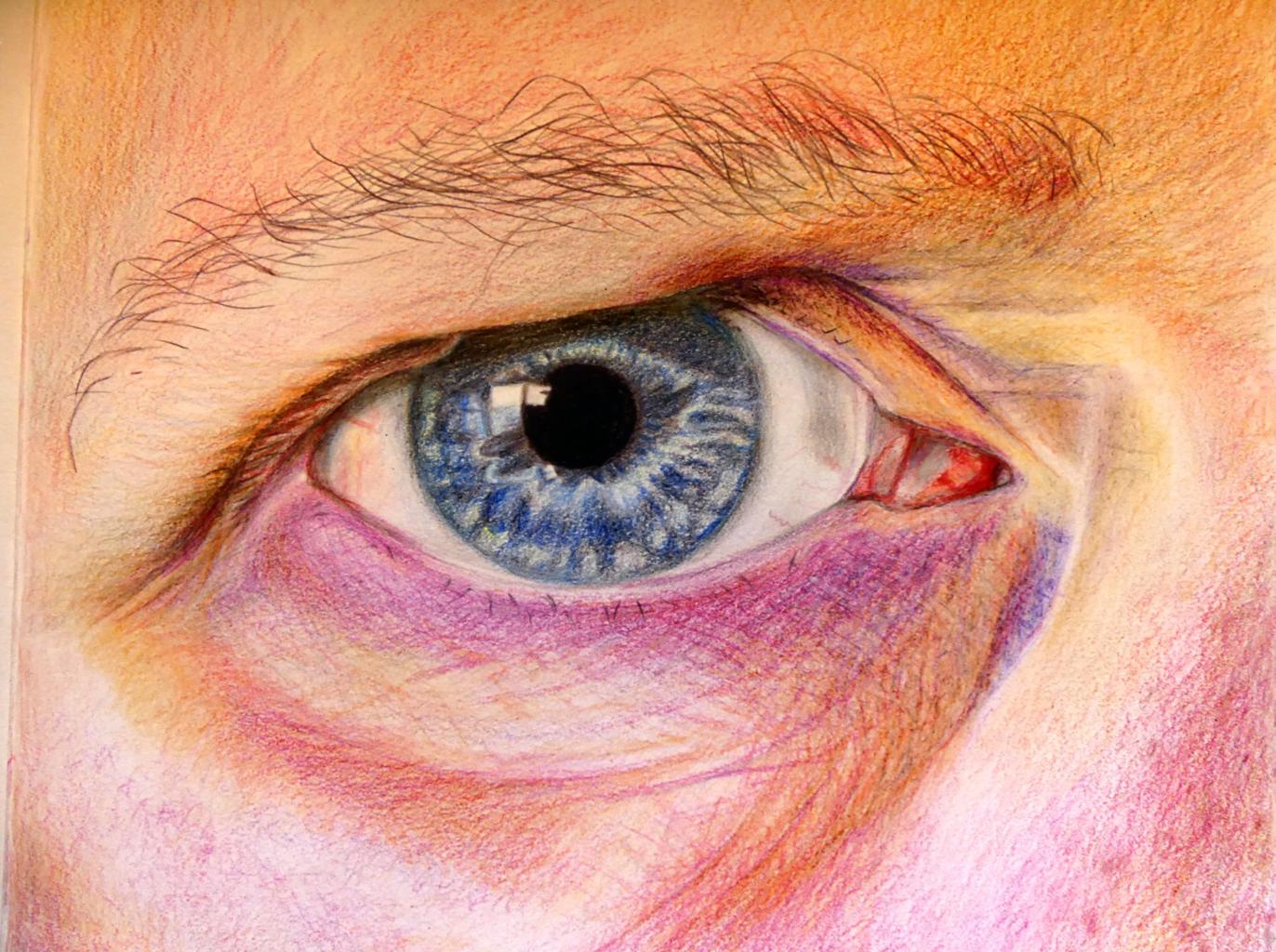 A close up of an eye using coloured pencils