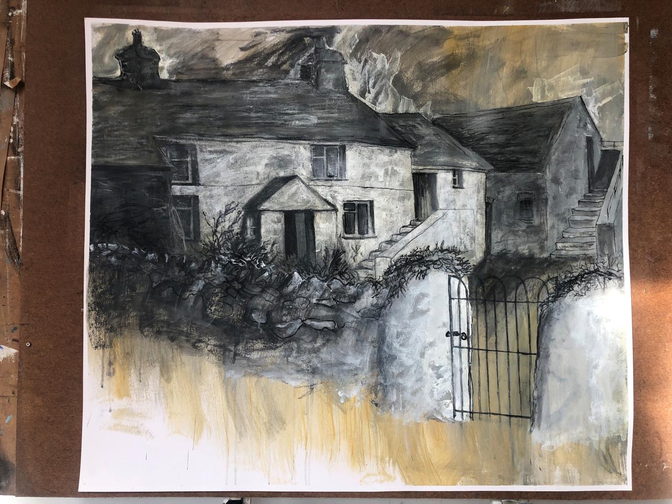 a mixed media image of llain ddu, a house and barn with stairs with a wall and gate.