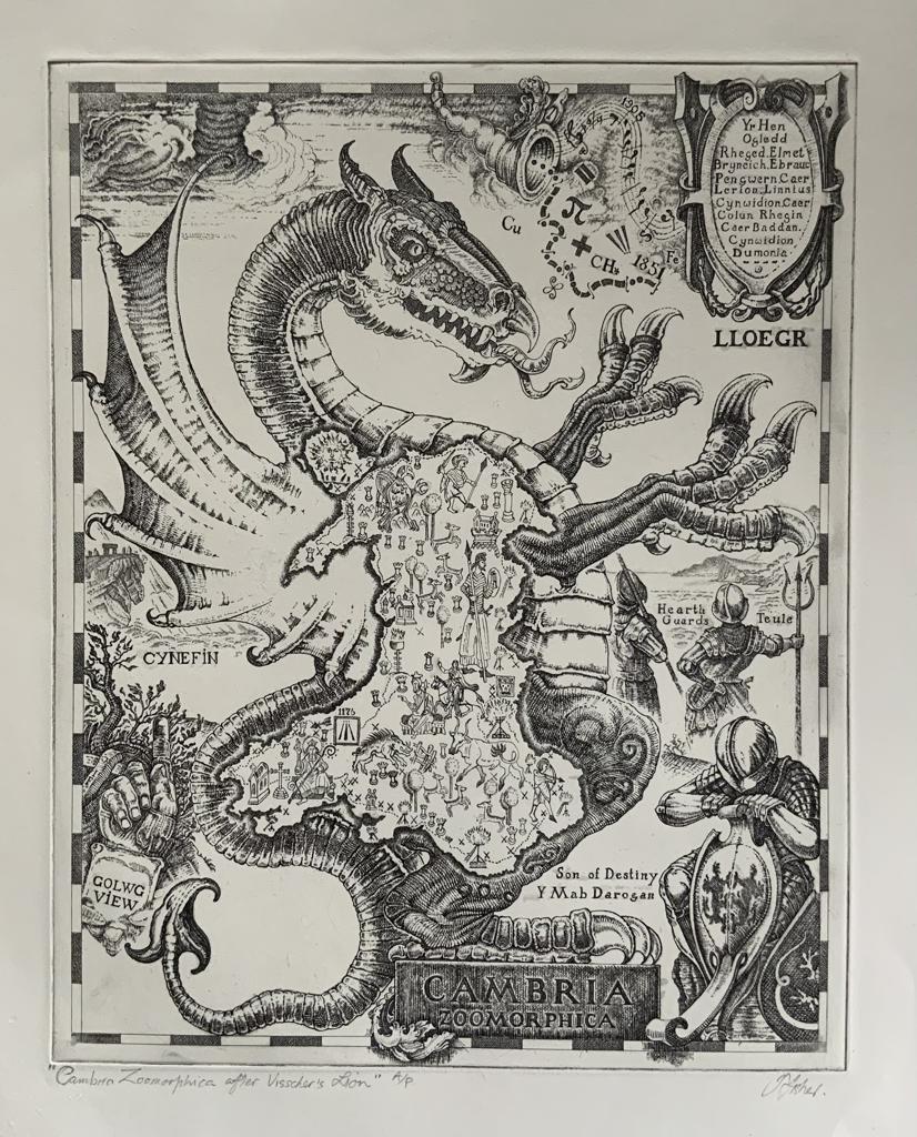 An etching of a dragon map of Wales with soldiers.
