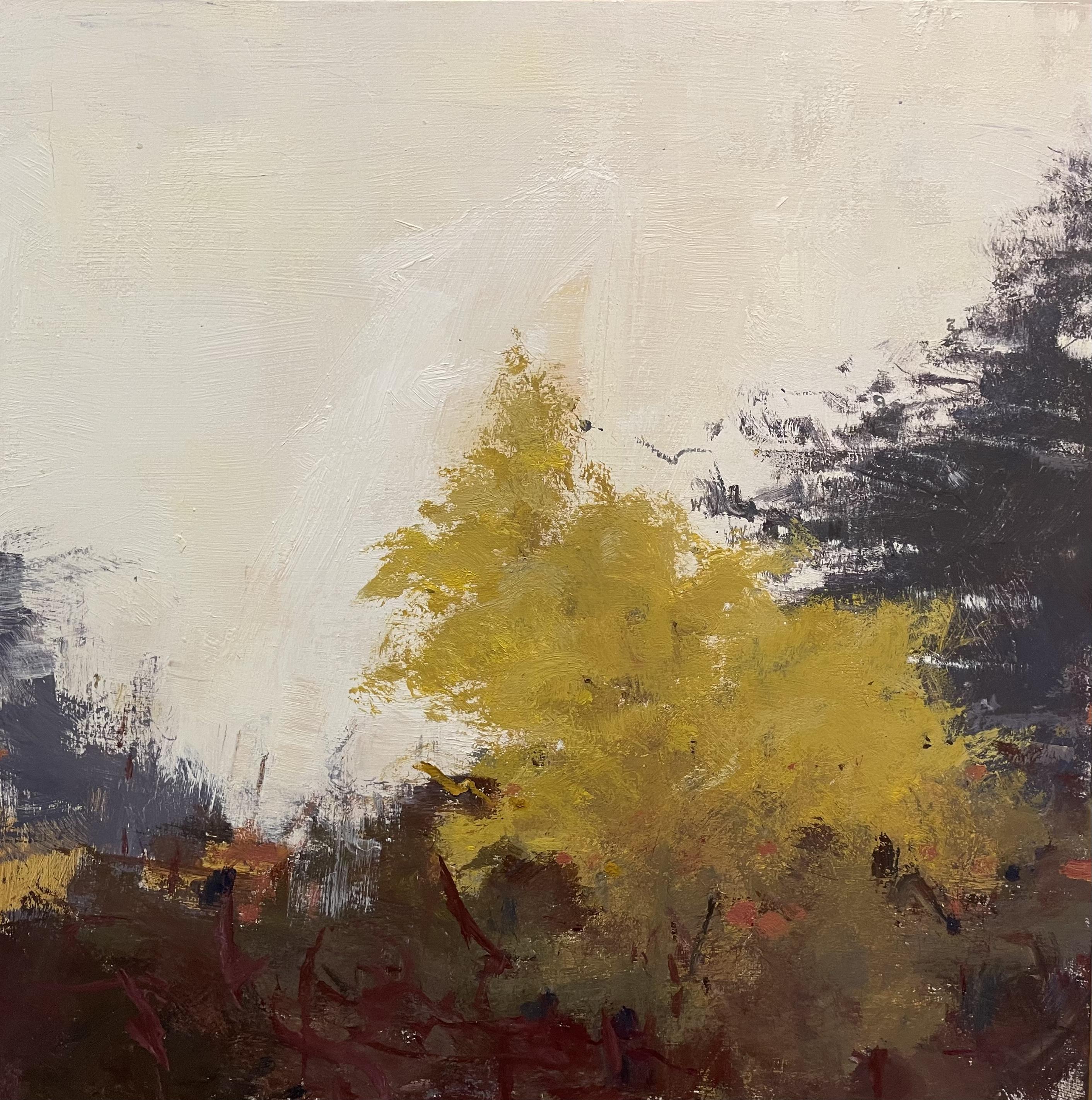 large golden tree with lots of bushy plants at the front of the painting