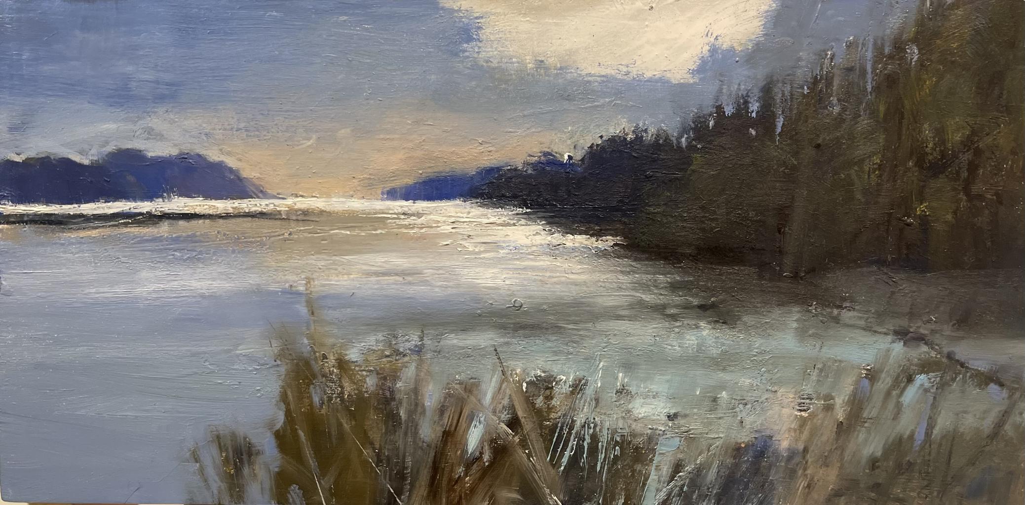 beautiful lake painting with a forest on the right hand side and reeds growing at the front