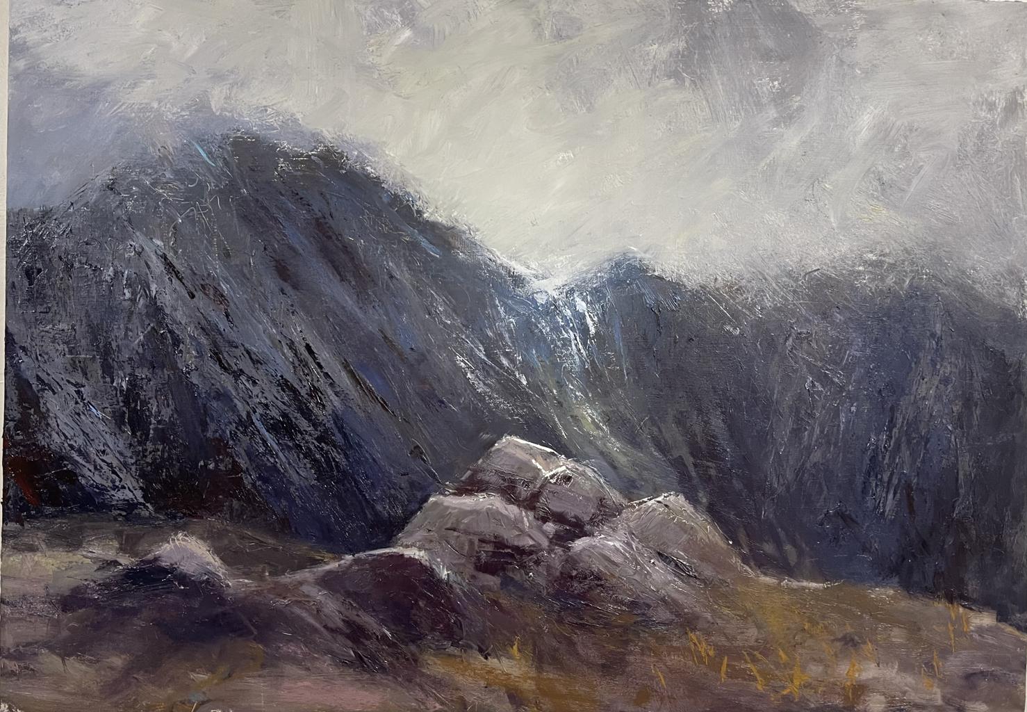 misty mountains with a bright white sky, a collection of rocks at the centre with golden reeds growing in-between