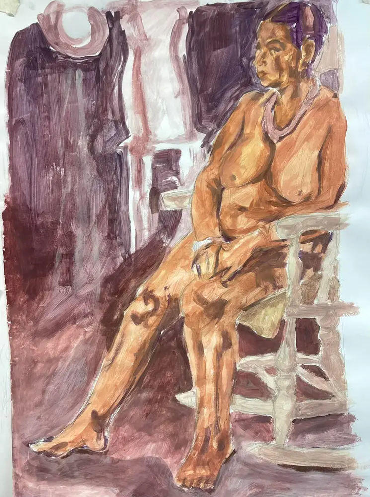 Acrylic painting of a life model sitting on a chair
