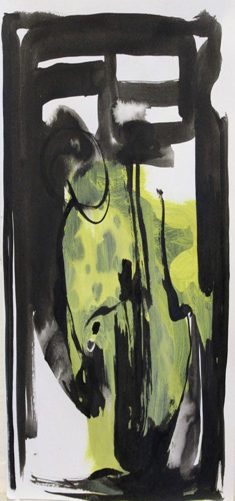 an abstract black and green figure moving through nature