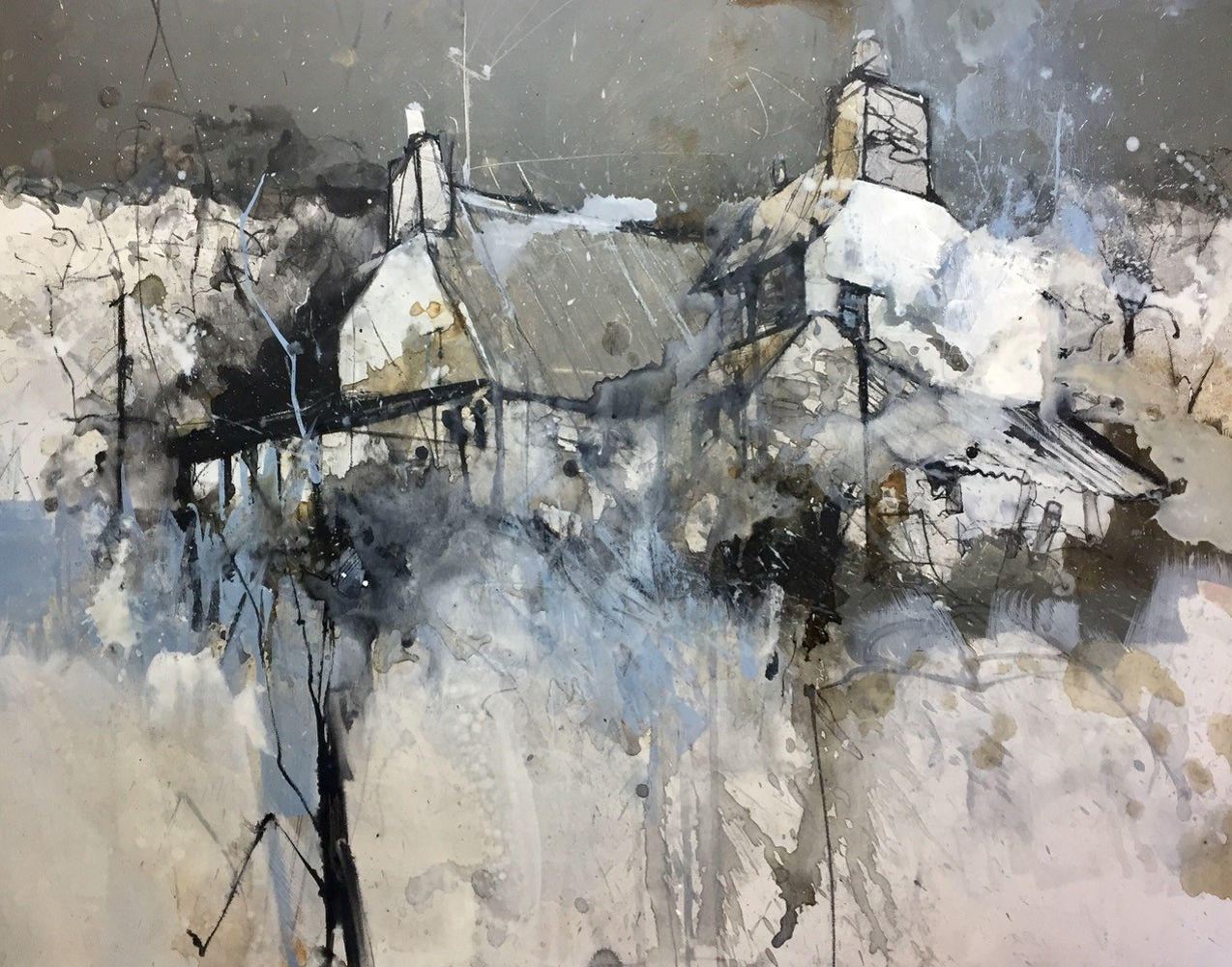 a mixed media drawing of the top half of building with colourful water running down the paper