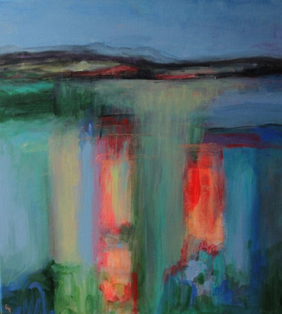 an abstract painting of bright colours forming flames