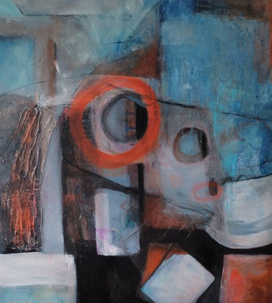 abstract painting of a quary using orange circles and blue squares