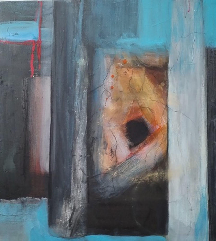 abstract painting in grey and orange depicting Anglesey