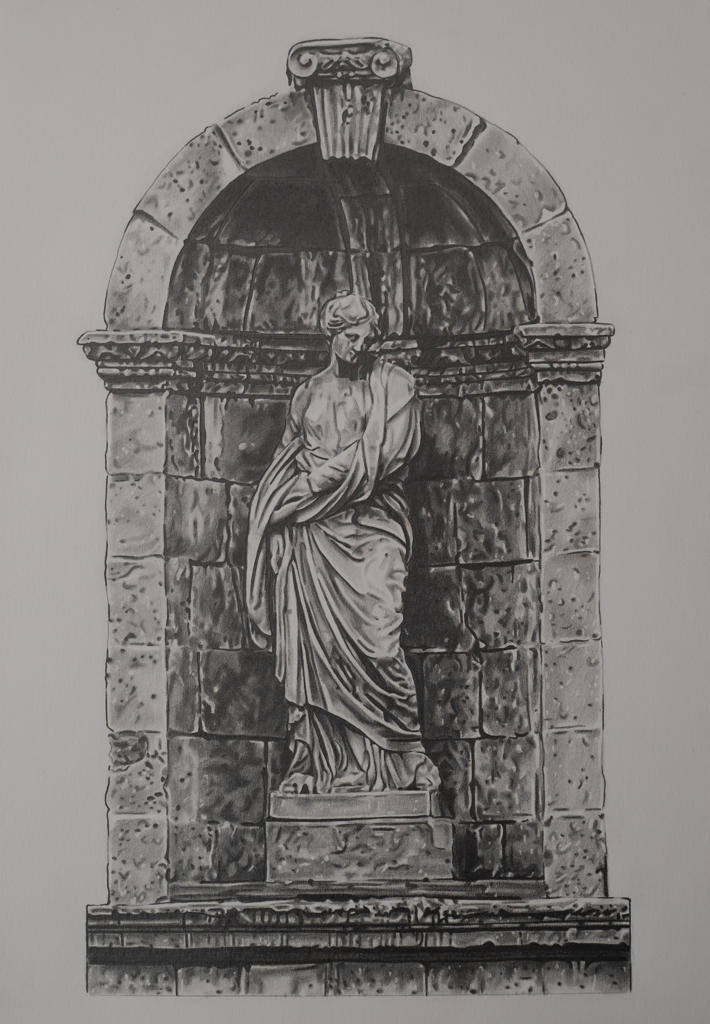 a graphite pencil drawing of of Margam Park statue