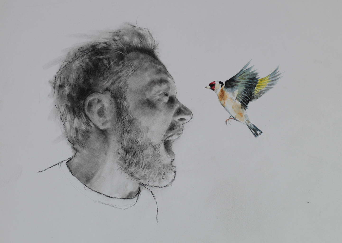 A mixed media drawing of a man shouting at a bird