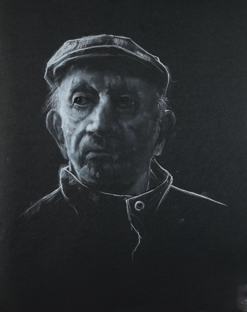 A pastel charcoal portrait of a grandad wearing a flat cap