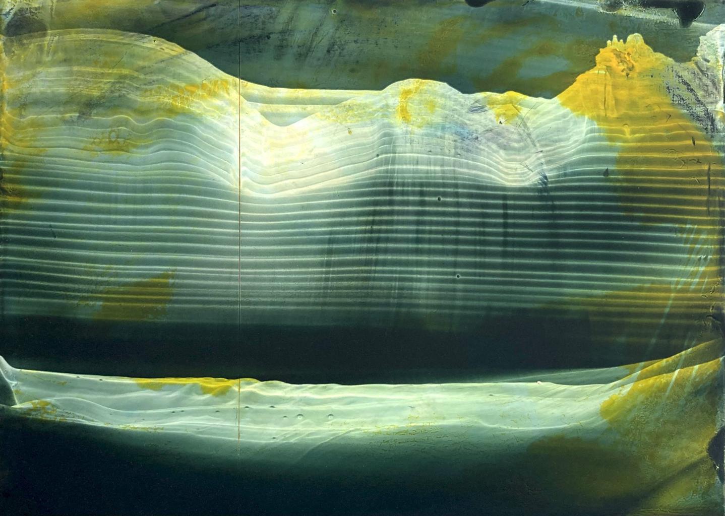 oil on panel stripy image in grey, yellow and black showing the turbulent weather of Anglesey
