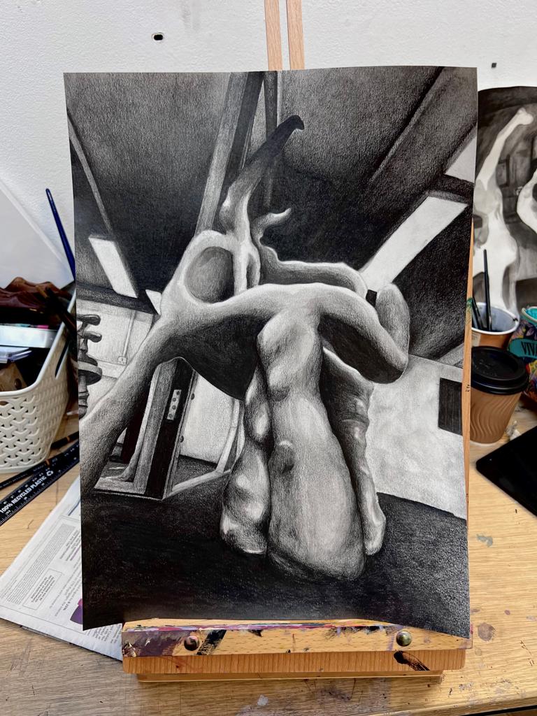 Graphite and acrylic on paper of a 3D shape folding together.