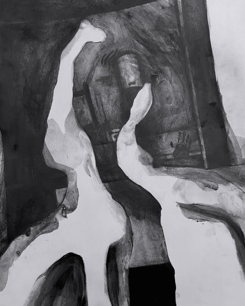 A close up of shapes folding in to each other using graphite and acrylic on paper.
