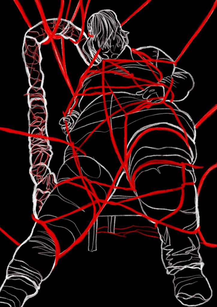 a digital image of a figure in white line restrained by a red rope around the whole body