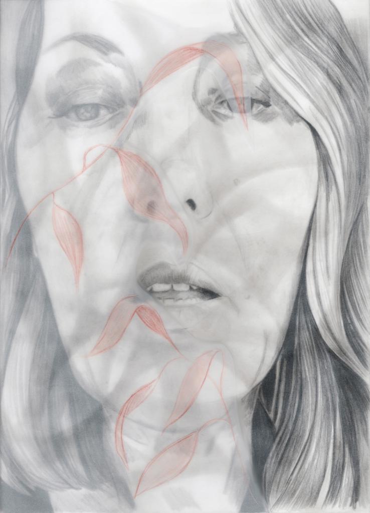 a close up portrait of a woman in black and white with a plant in front of her face and the leaves are red