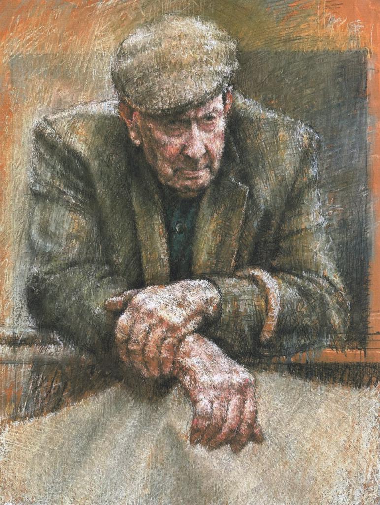 Pastel drawing of a farmer standing at a farming show