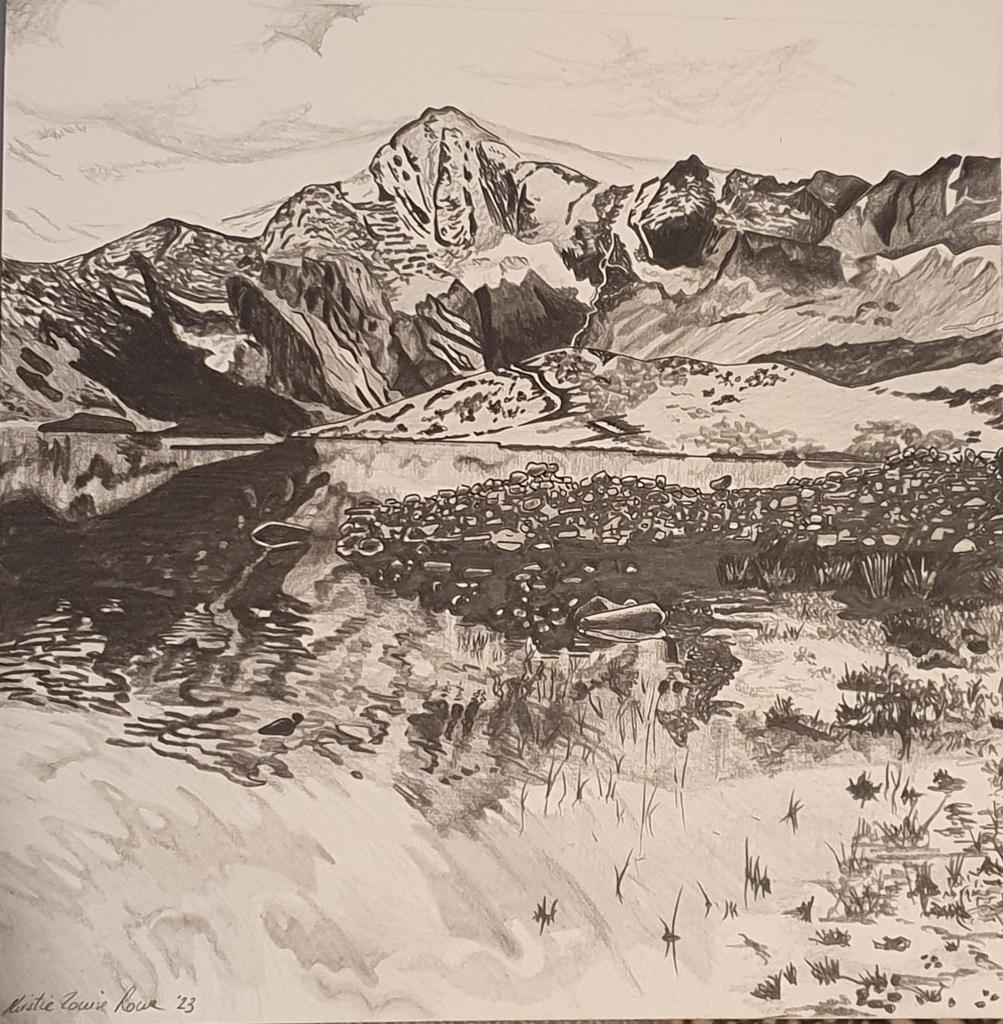 a drawing of a mountain with a lake at the foot of it with reeds growing