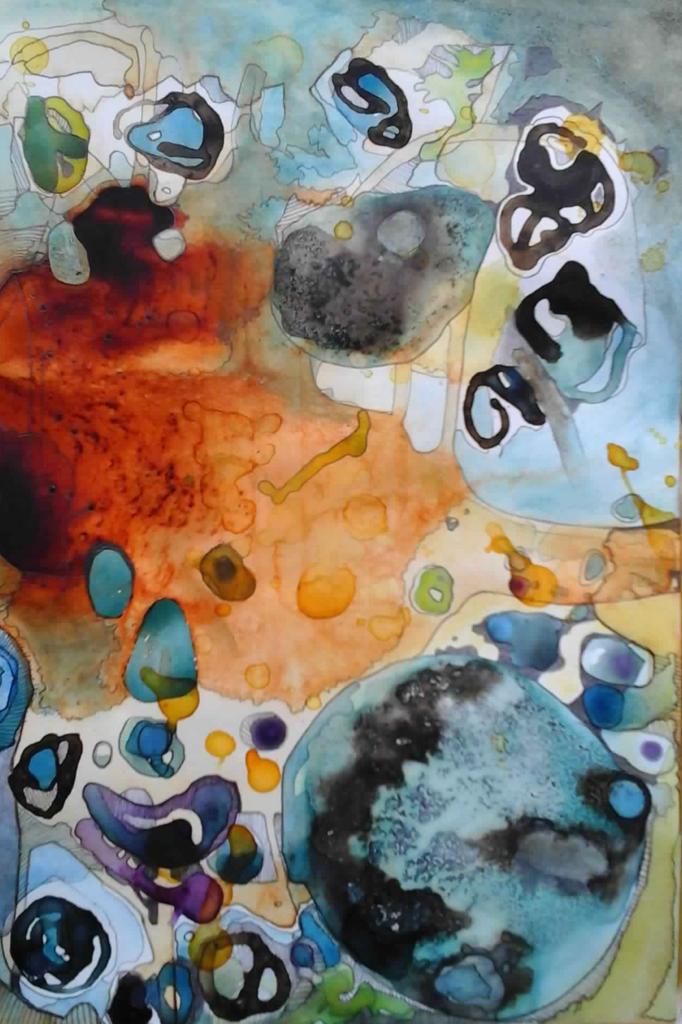 pencil and gouache of colourful blurry pebbles.