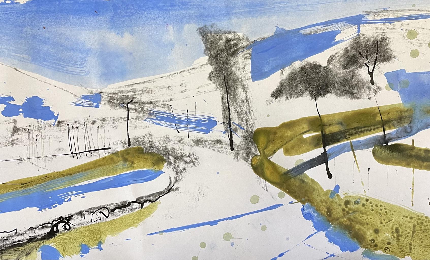 a landscape drawing of a snowy trail with black trees and a river