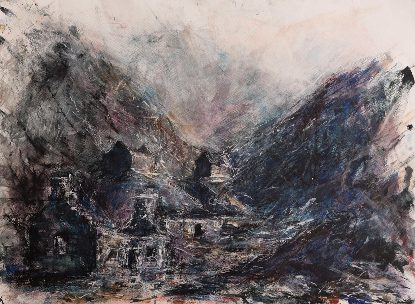 an image of druid cottages in a mountain landscape